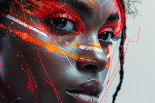Womans face painted with orange and red
