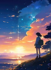 illustration of a lone person at night by moonlight in anime and cartoon style.