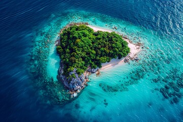 Aerial view of a small tropical island with turquoise waters