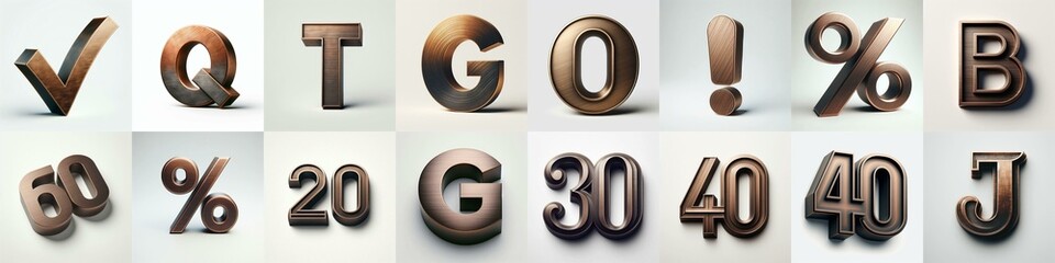 Brushed Bronze metal Lettering Typeface. AI generated illustration