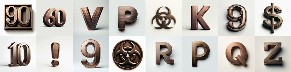 Brushed Bronze metal Lettering Typeface. AI generated illustration