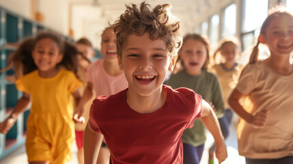 kids running in school after class for break time, back to school concept