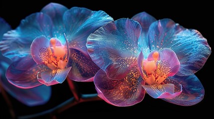   Close-up of two blue orchids on black background with red center and yellow stamen in petal center