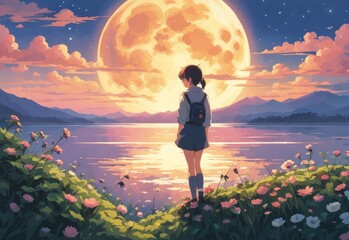 illustration of a lone person at night by moonlight in anime and cartoon style.