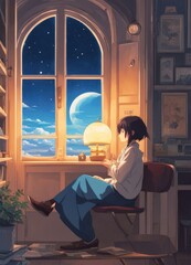 illustration of a lone person at night by moonlight in anime and cartoon style.