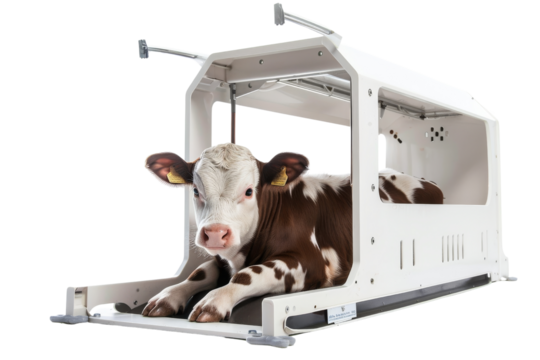 A calf inside a high-tech animal scanner for veterinary purposes, illustrating modern advancements in livestock care.