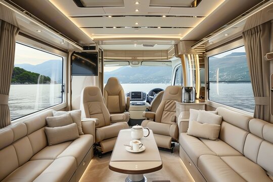 Luxury motorhome interior with modern furnishings and elegant design, showing a comfortable and spacious living area. Ideal for travel marketing. Perfect for showcasing recreational vehicle lifestyle
