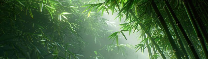 Sunlight filters through a lush bamboo forest, creating a serene and tranquil natural scene, perfect for meditation and relaxation themes.