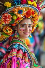a woman in a colorful dress and headdress