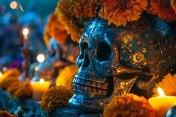 day of the dead skulls and flowers