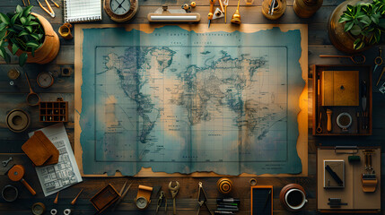 Vintage world map, explorers desk with travel objects