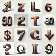 Brushed Bronze metal Lettering Typeface. AI generated illustration