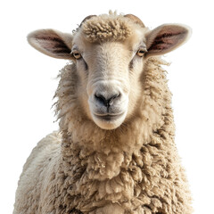 Obraz premium Close-up of a fluffy sheep with detailed wool, looking at the camera. Isolated on transparent background.