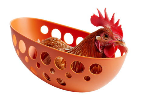 Close-up of a chicken in a perforated orange basket, isolated on transparent background.