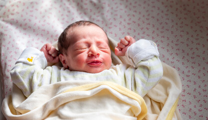 A new family member reactions with sun light and smile on his face, start a new journey and story