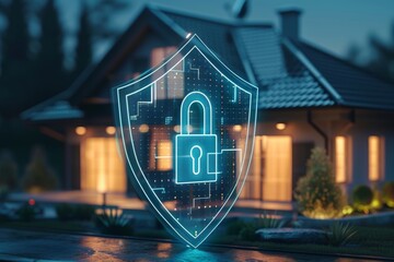 Futuristic home protection with holographic shield technology.