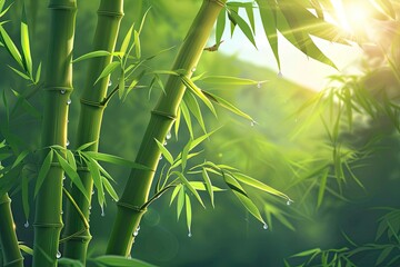 Sunlight filtering through lush bamboo forest, highlighting vibrant green stalks and leaves with morning dew droplets.