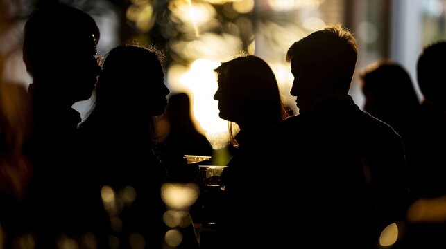 Soft outoffocus silhouettes of delegates from different nations can be seen mingling and enjoying refreshments at a reception held during the Environmental Summit creating a sense .