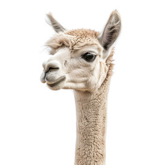 Fototapeta premium Close-up of a llama's head and neck with a white background, showcasing detailed facial features and fur texture.
