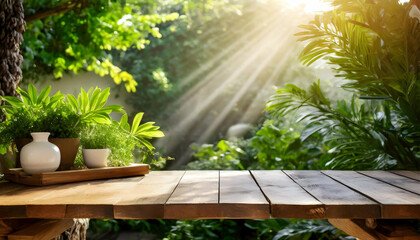 An inviting wooden desk with free space, placed on a patio with summer sunrays and green plants.