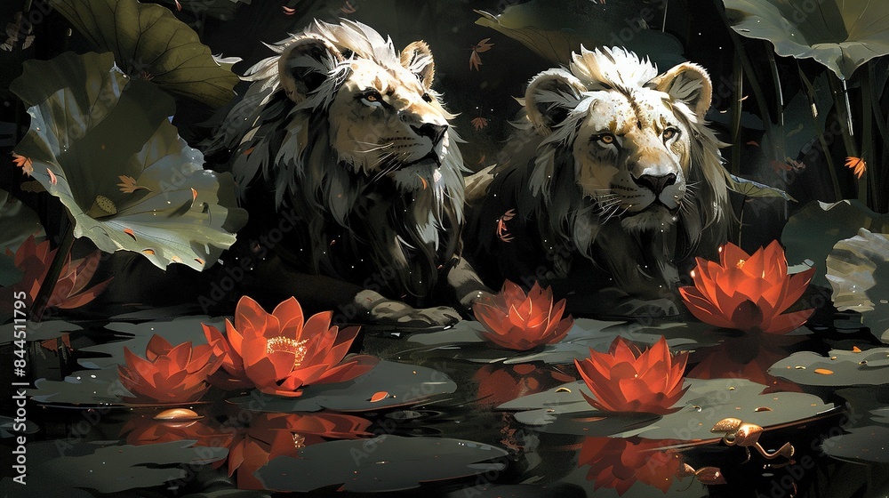 Poster a pair of lions lounging on a body of water surrounded by lily pads