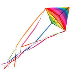 Obraz premium Colorful rainbow kite with long tails, isolated on transparent background, perfect for outdoor activities and recreational fun.
