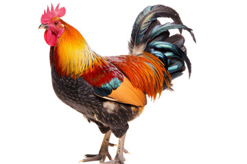 Fototapeta premium Colorful rooster standing on white background, showcasing vibrant feathers and striking plumage. Perfect for agricultural or farm-themed projects.