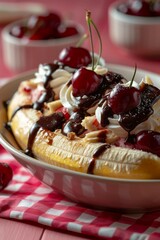 Banana Split Sundae: A classic banana split with vanilla, chocolate, and strawberry ice cream, topped with chocolate sauce, whipped cream, and cherries. 