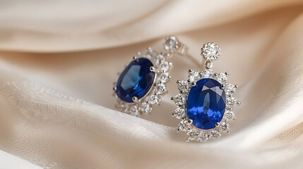 Elegant sapphire earrings with diamond accents on white background.