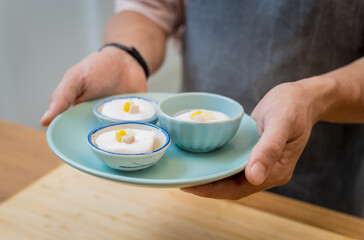The chef is broadcasting live from workshop how to prepare a delicious Japanese mochi