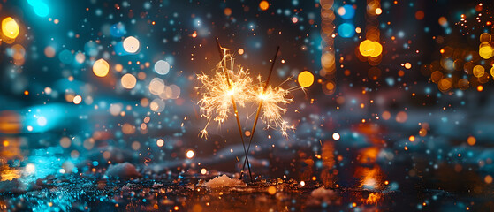 Sparklers burning on snowy ground in festive night