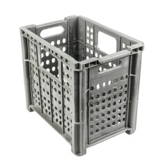 Gray plastic crate with holes, idea for storage and transportation. Sturdy, durable, and versatile for various purposes.