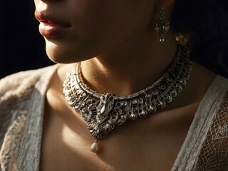 Close-up of Woman with expensive gold necklace around her neck. Luxury pendant, fashion jewelry made of precious metals.