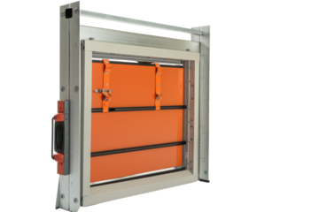 Industrial fire damper with steel construction and bright orange panels. Used for fire safety and ventilation control in buildings.