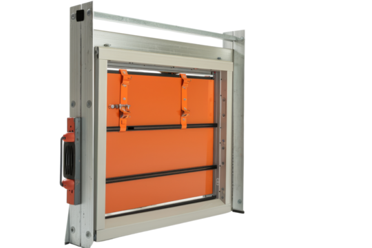Industrial fire damper with steel construction and bright orange panels. Used for fire safety and ventilation control in buildings.