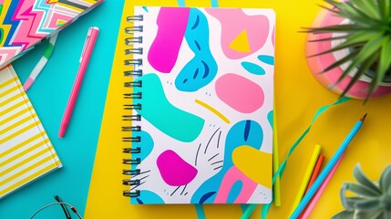 A colorful cartoon patterned notebook with a vibrant cover and lined pages for jotting down thoughts and ideas, Generative AI