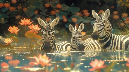   Two zebras standing near a lake with flowers