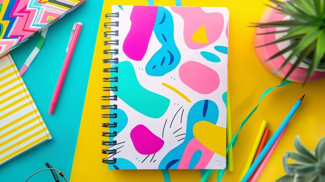 A colorful cartoon patterned notebook with a vibrant cover and lined pages for jotting down thoughts and ideas, Generative AI