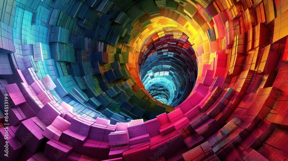 Poster digital generated image of abstract swirl pattern made out of multi colored cubic sticks.3d