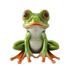 A whimsical 3D frog with green skin and large eyes, sitting on a white background