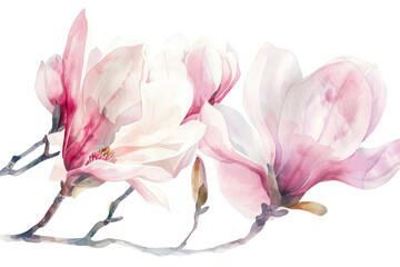 Fototapeta premium Watercolor of pink magnolia flowers on transparent background. Perfect for spring-themed designs, cards, and prints.