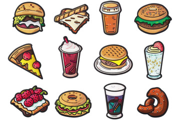 A delightful assortment of fast food and beverages illustrated in a fun, cartoon style. Includes burgers, pizza, drinks, and desserts.