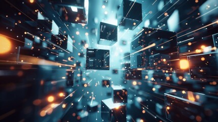 Digital generated image of futuristic cubes connecting. Cloud technology, IT, big data or artificial intelligence concepts