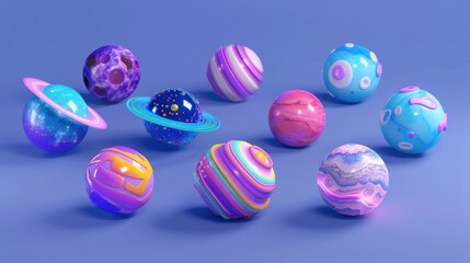 Obraz premium Eight cartoon 3D models of astronomical bodies on blue-purple background. Trendy futuristic backdrop for your design