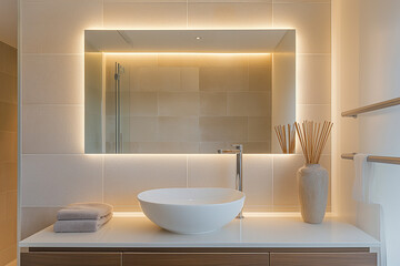 Fototapeta premium modern bathroom interior, A modern bathroom interior featuring a stylish mirror and a sleek vessel sink.