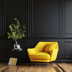 Living room interior has an yellow armchair on empty dark black wall background,Modern wooden living room, Ai generated