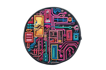 Colorful circular patch with intricate electronic circuit design, blending vibrant patterns, ideal for tech-themed fashion and accessories.