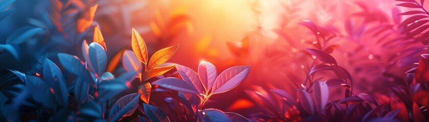 Vivid colorful abstract nature background featuring vibrant gradient foliage with a dreamy, soft focus effect for a magical atmosphere.