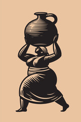 A plump African woman with a jug above her head. Abstract black and white vector illustration. Artwork, engraving, isolated object