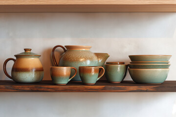 antique tea cup, A set of ceramic pots and cups neatly arranged on a wooden shelf. 